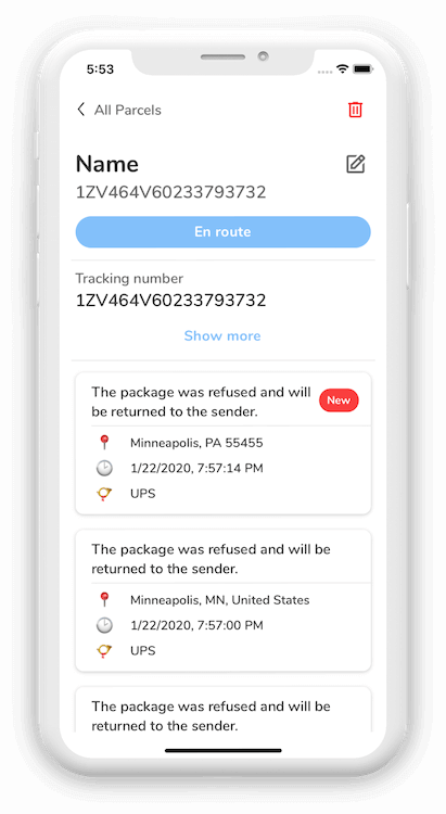 Screenshots of a tracking checkpoints of orders in Parcel Arrive